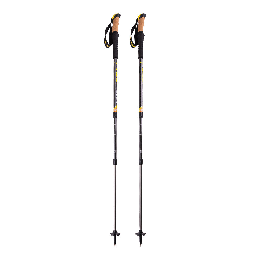 Black and grey hiking poles on white background.