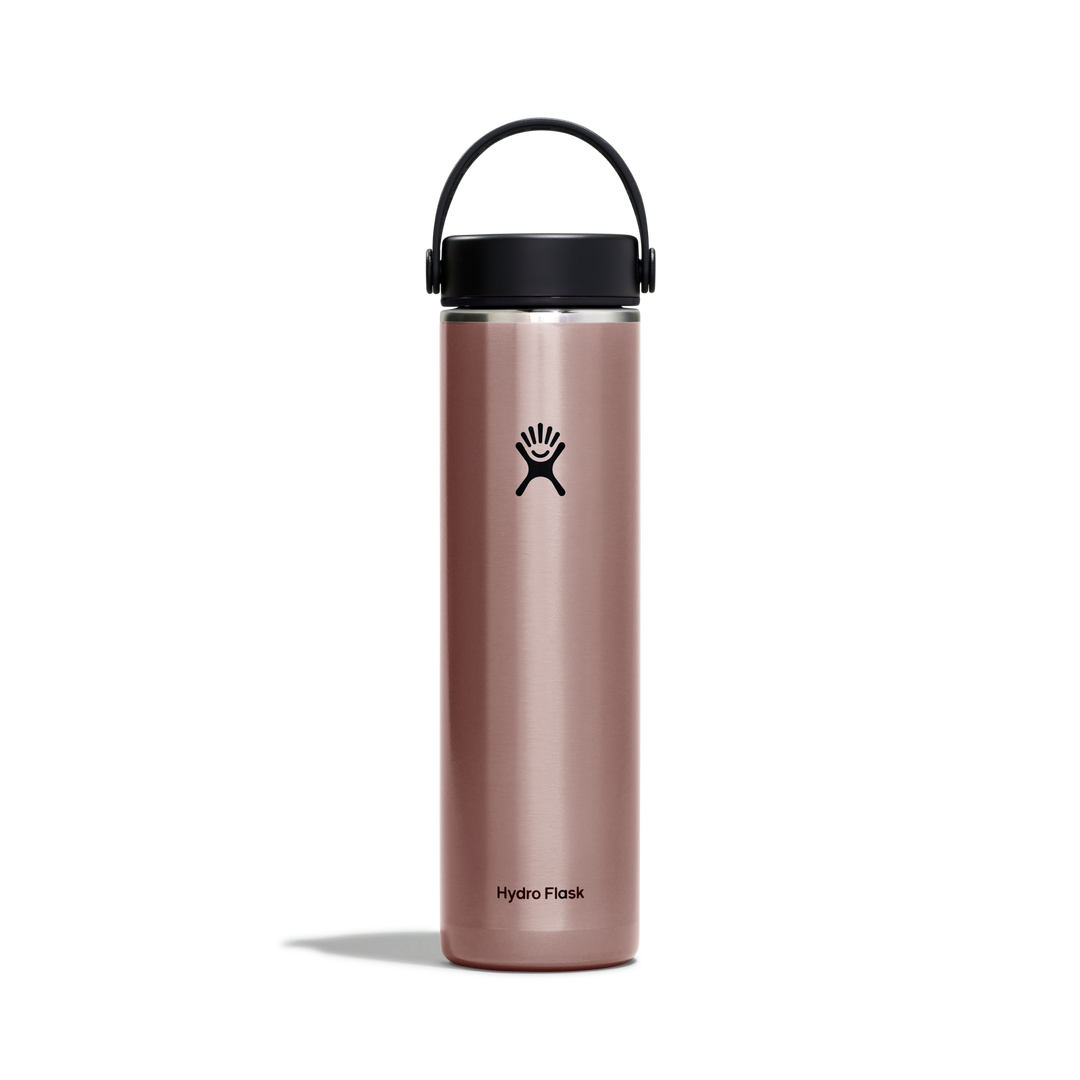 Rose metal water bottler with a pivoting handle and the Hydro Flask logo