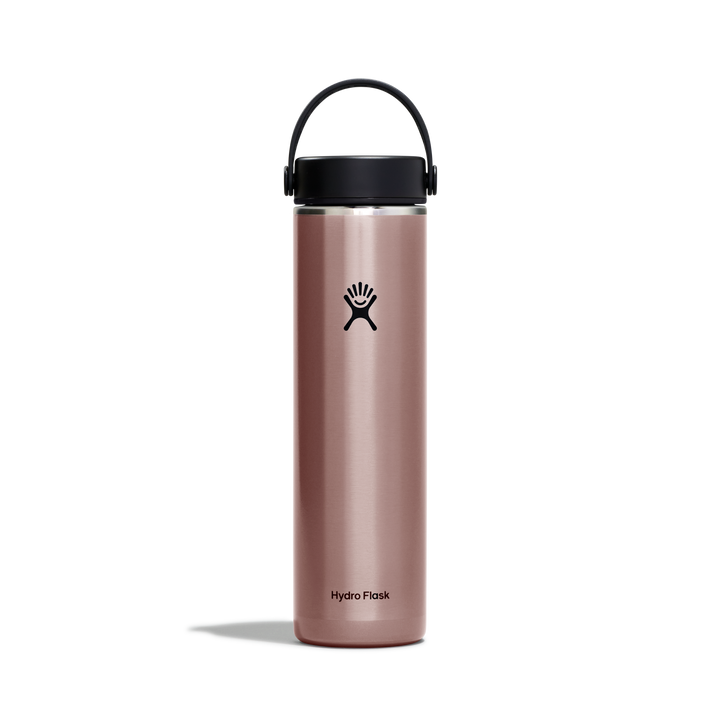 Rose metal water bottler with a pivoting handle and the Hydro Flask logo