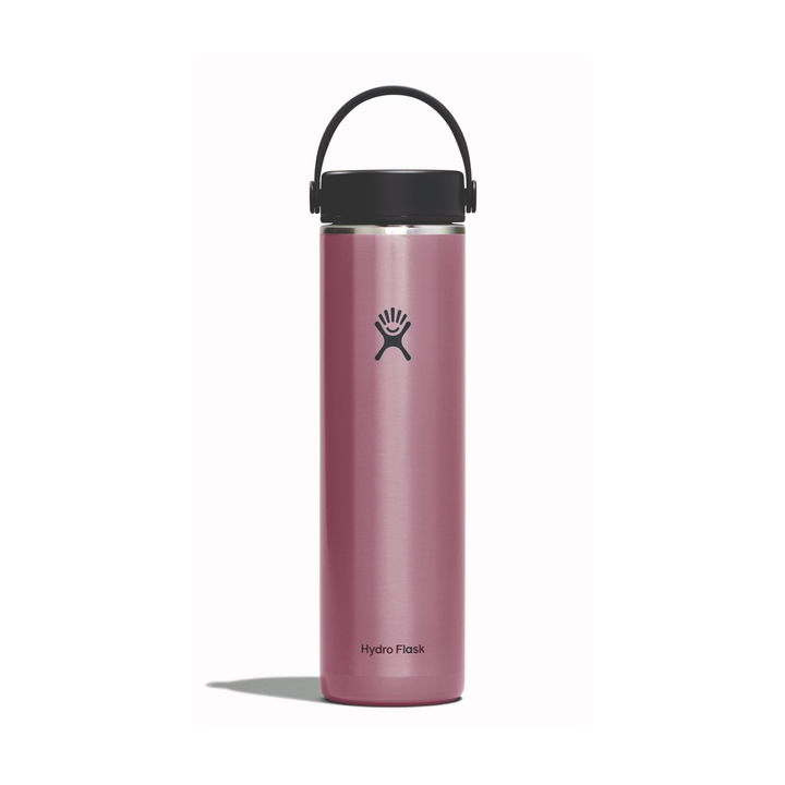 Pink metal water bottle with pivoting handle and Hydro Flask branding