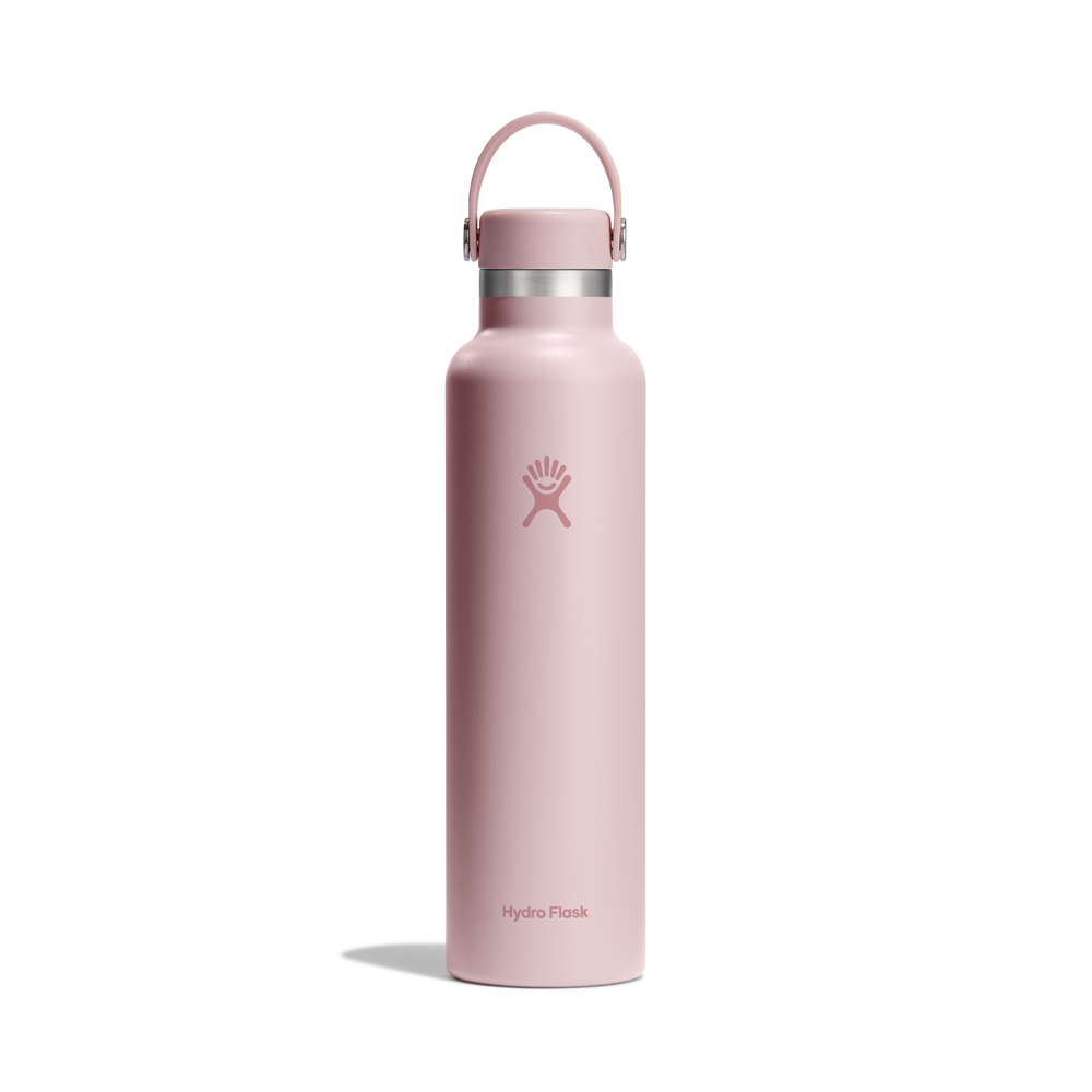 Pastel pink insulated water bottle with hydro flask logo on a white background