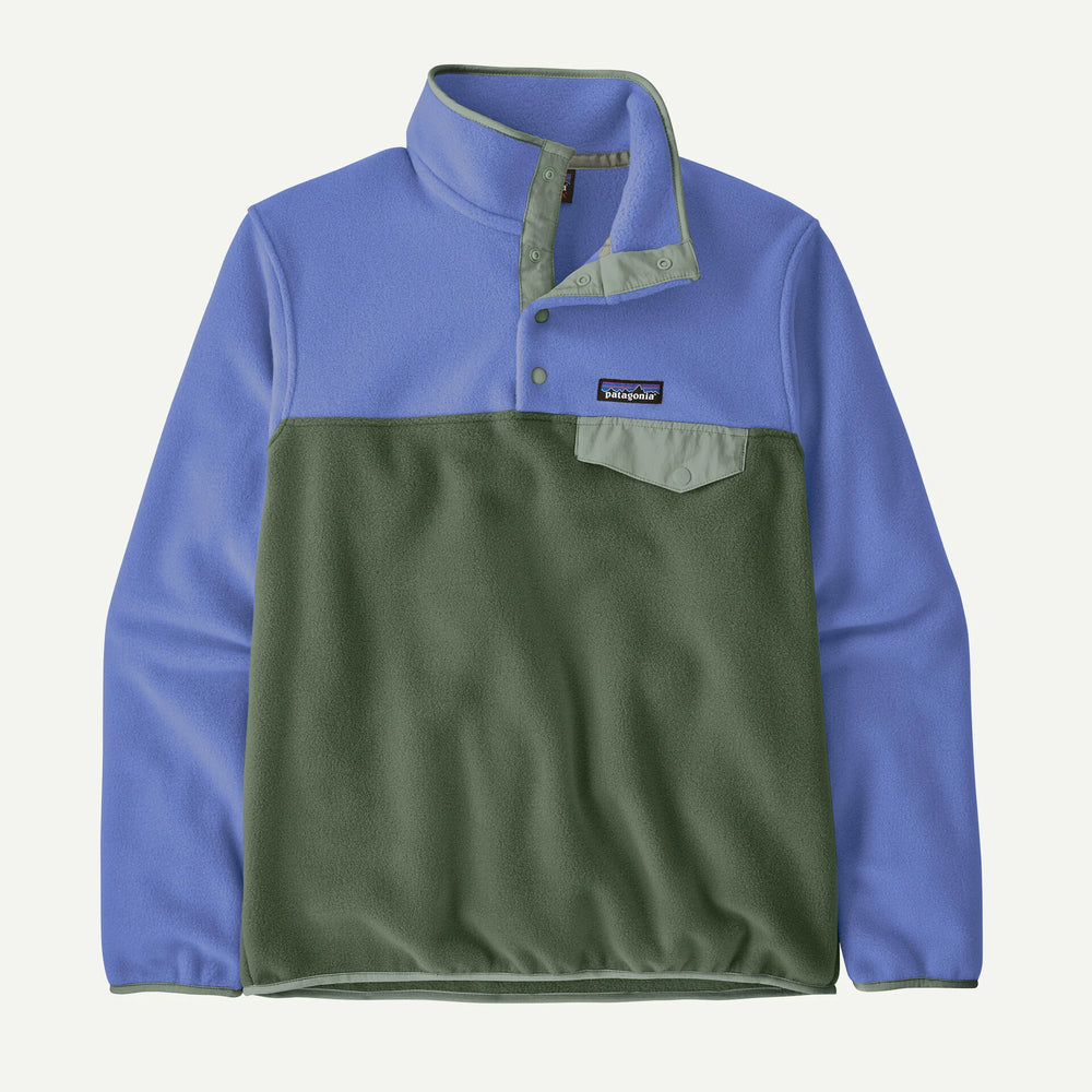 A Patagonia colorblock fleece pullover with a blue upper body and sleeves, an olive green lower body, and a light green collar and chest pocket, shown on a light off-white background.