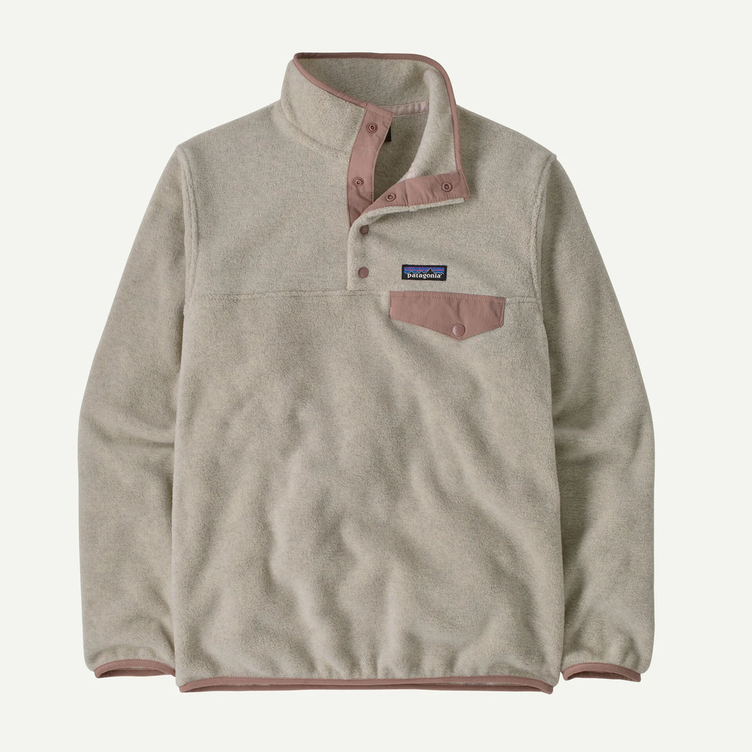 A beige fleece pullover with dusty rose trim on the collar, placket, pocket, and cuffs, featuring a small Patagonia logo patch on the chest.