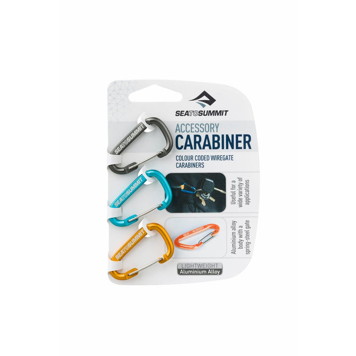 Packaging of a three pack of Sea to Summit accessory carabiners