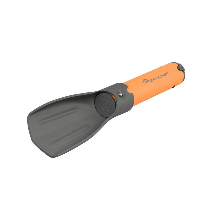 A collapsible orange and gray nylon pocket trowel