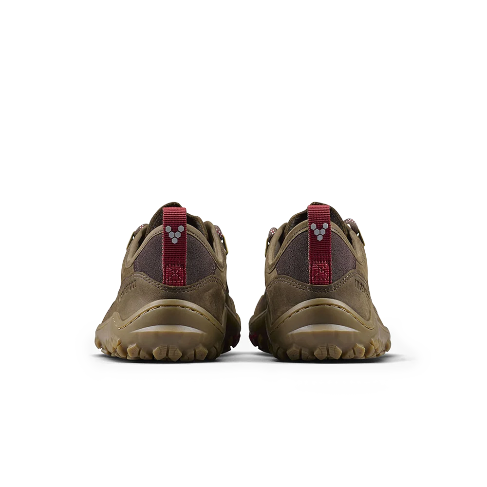A pair of brown hiking shoes shown from the back, featuring a dark brown mesh upper, a red pull tab with a white logo, and a rugged brown outsole, set against a plain white background.
