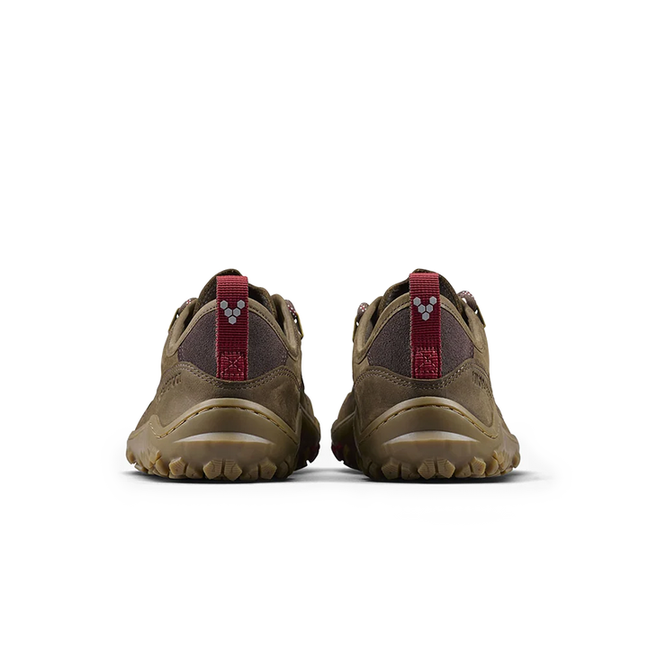 A pair of brown hiking shoes shown from the back, featuring a dark brown mesh upper, a red pull tab with a white logo, and a rugged brown outsole, set against a plain white background.