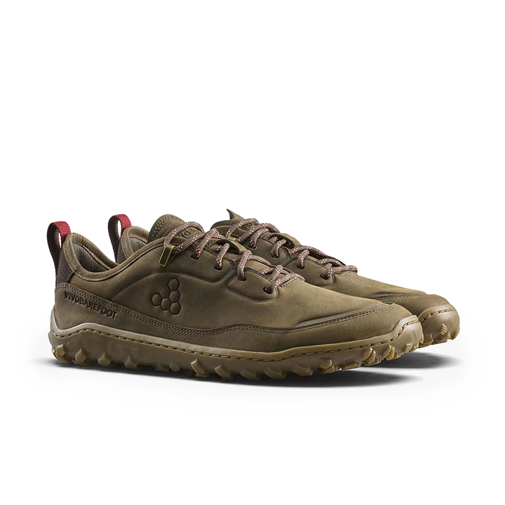 A pair of outdoor trail running shoes in a muted olive-brown color, featuring a textured rubber sole and the brand name &
