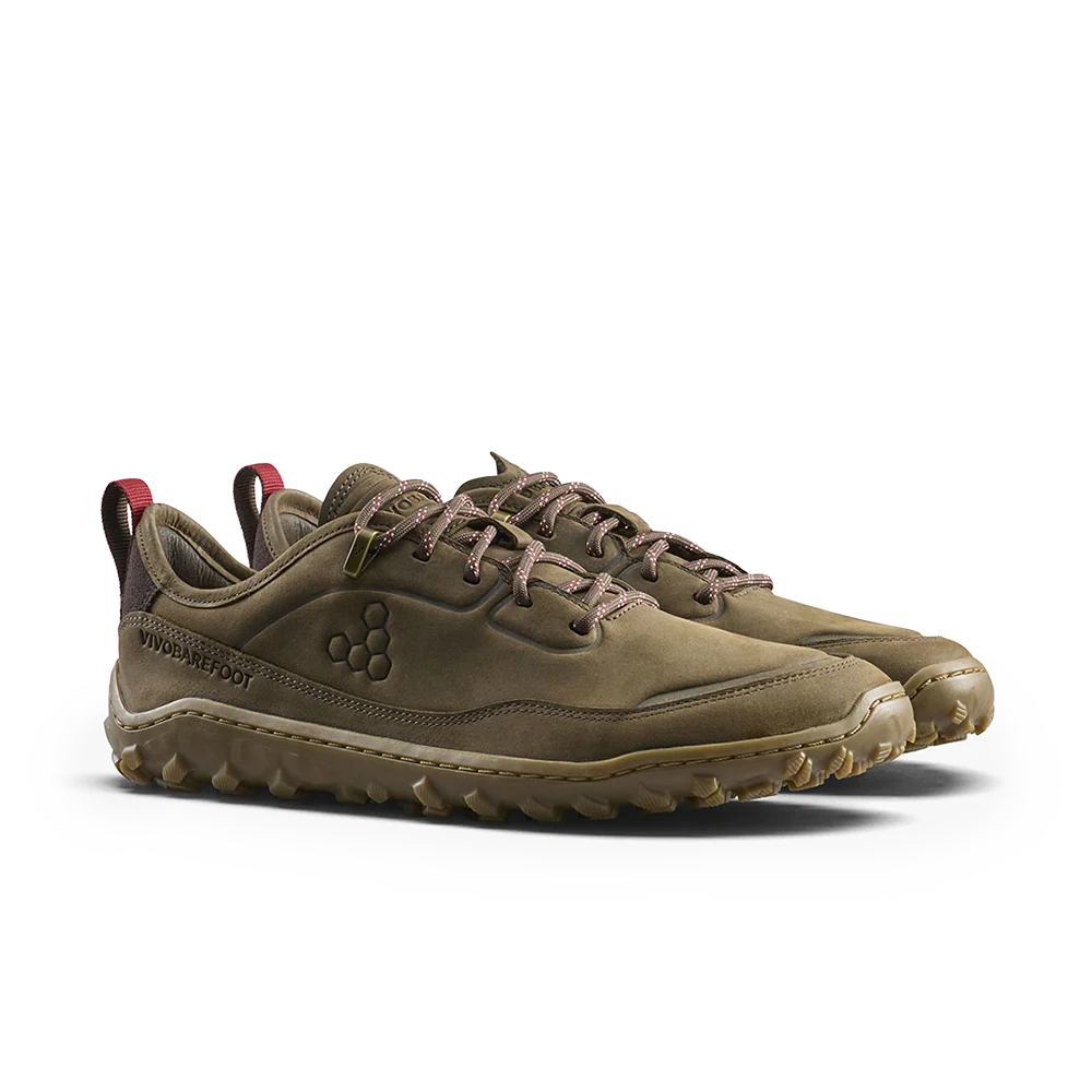 A pair of outdoor trail running shoes in a muted olive-brown color, featuring a textured rubber sole and the brand name 'Vivo Barefoot' on the side, set against a plain white background.