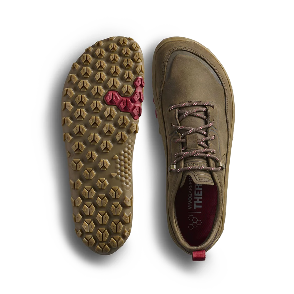 A pair of Vivo Barefoot outdoor shoes shown from the top and bottom on a white background. The shoe upper is olive brown, with brown laces, a red pull tab, and a red accent on the outsole.