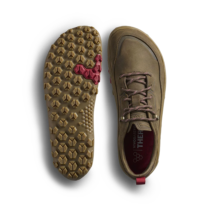 A pair of Vivo Barefoot outdoor shoes shown from the top and bottom on a white background. The shoe upper is olive brown, with brown laces, a red pull tab, and a red accent on the outsole.