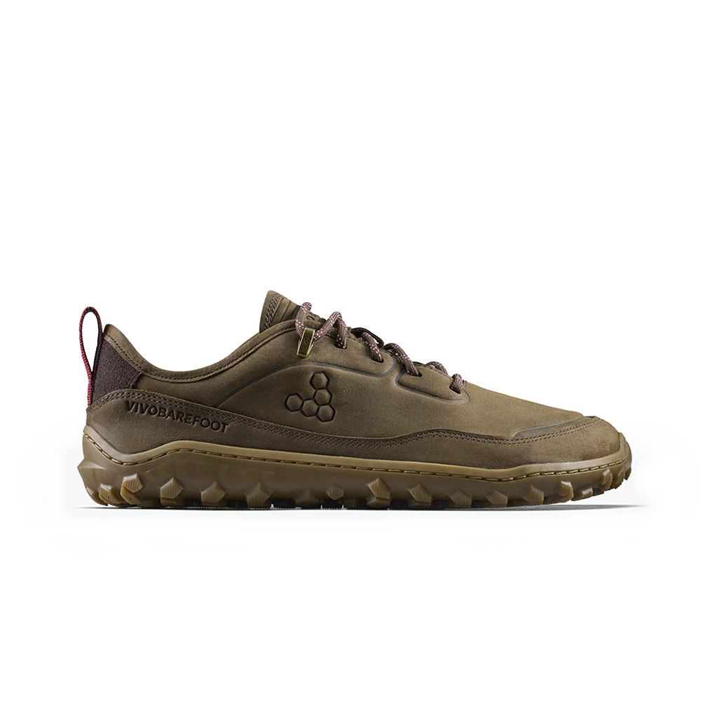 A low-top Vivobarefoot sneaker in olive brown and tan, shown from the side against a solid white background.