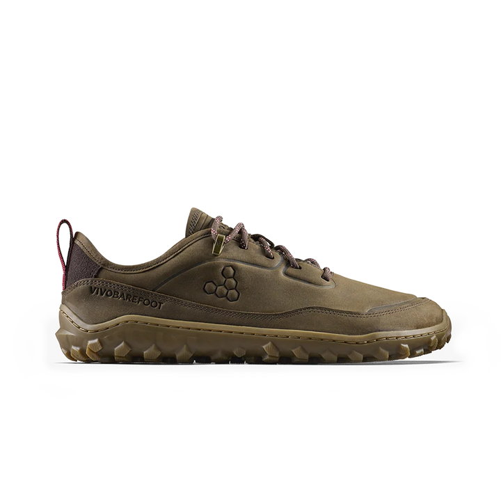A low-top Vivobarefoot sneaker in olive brown and tan, shown from the side against a solid white background.