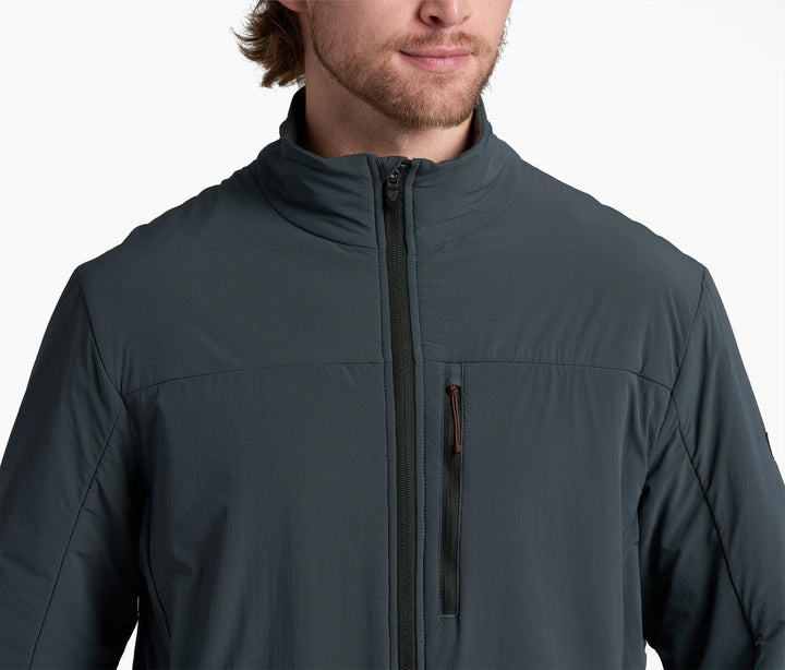 Close up of the upper torso of a man wearing a dark gray jacket