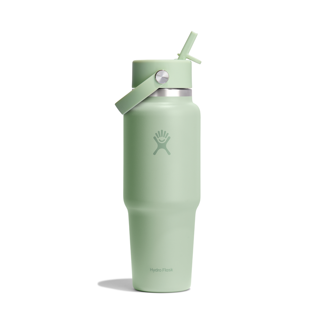 Pastel green insulated water bottle with Hydro Flask logo on a white background