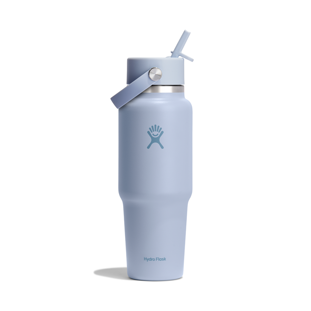 Pastel blue insulated water bottle with Hydro Flask logo on a white background
