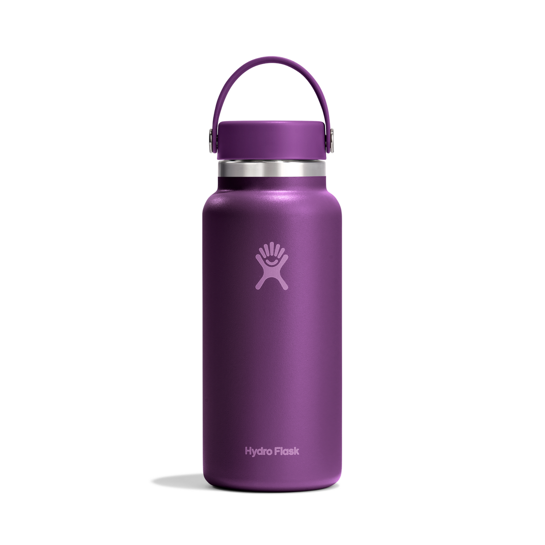 Purple insulated water bottle with Hydro Flask logo and pivoting handle on a white background
