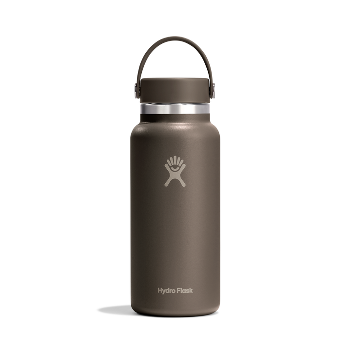 Dark brown insulated water bottle with Hydro Flask logo and pivoting handle on a white background