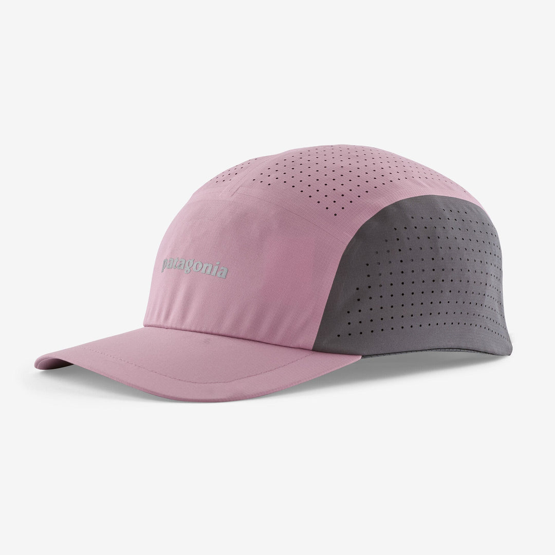 Purple and grey cap with perforated material on a white background.