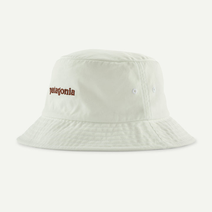 Beige bucket hat with Patagonia logo on a white background