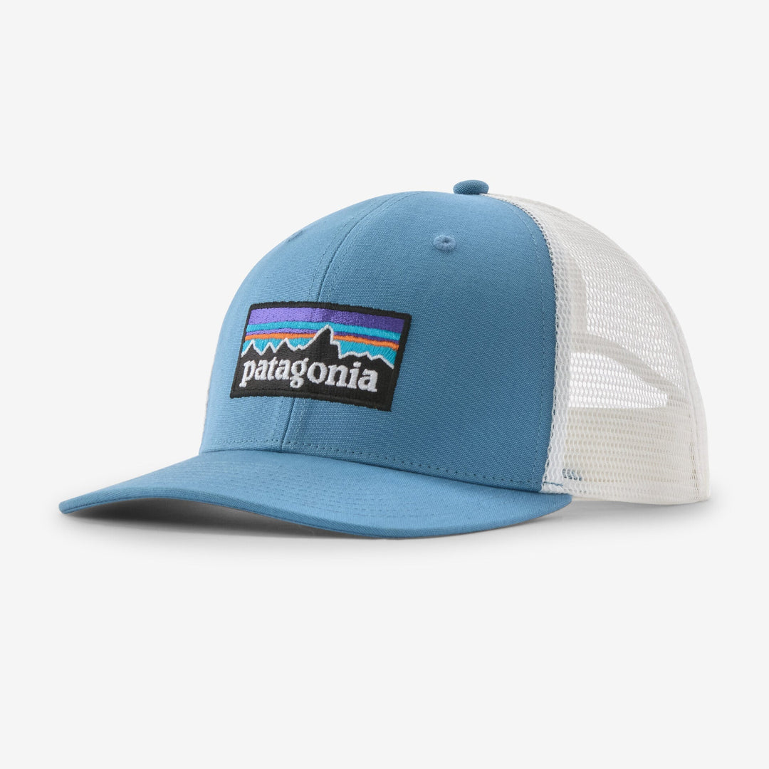 Blue and white cap with Patagonia logo on a white background