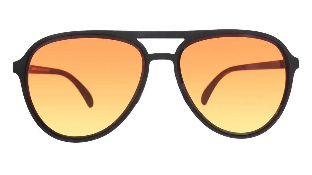 Aviator sunglasses with orange lenses and black frame on a white background