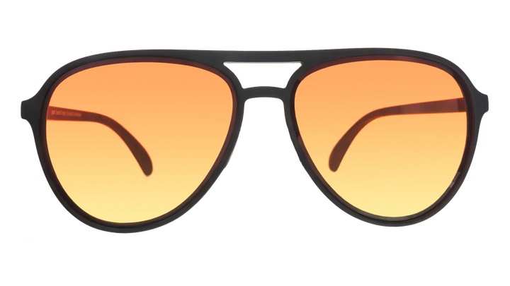 Aviator sunglasses with orange lenses and black frame on a white background