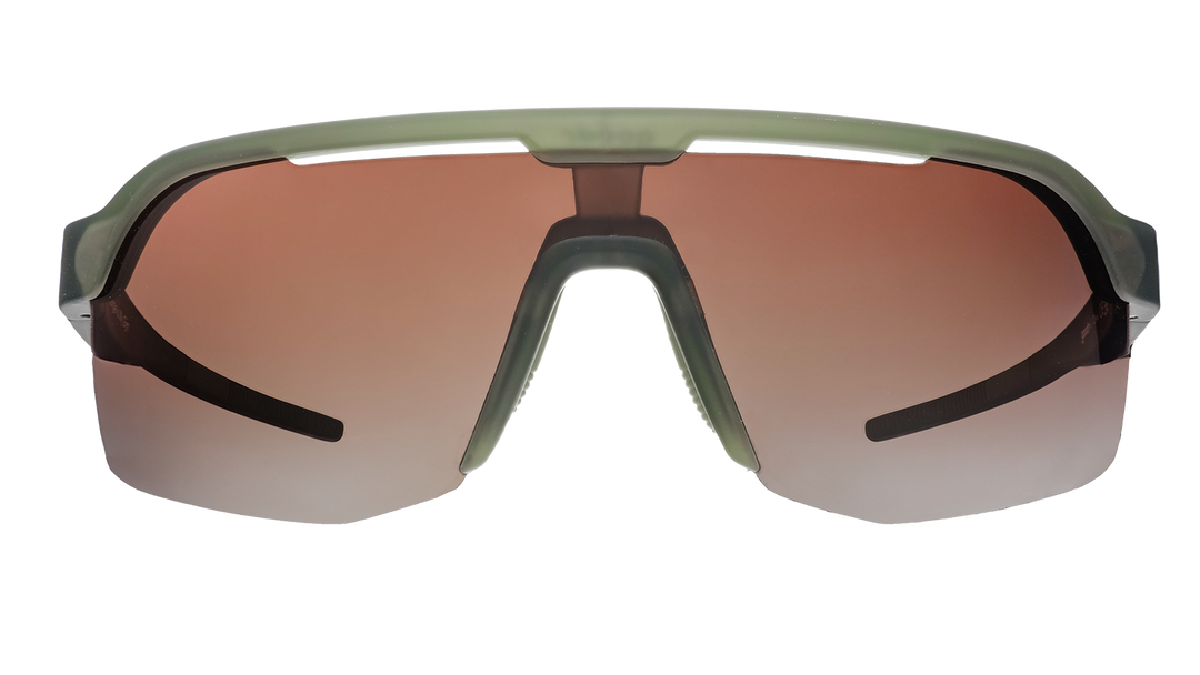 Sunglasses with a black frame and brown gradient lenses on a white background