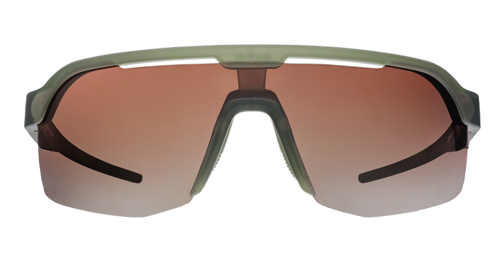 Sunglasses with a black frame and brown gradient lenses on a white background