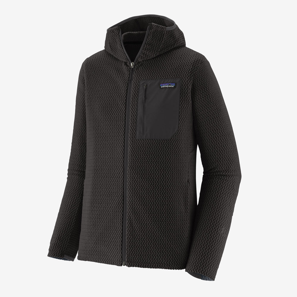 Black hooded jacket with a brand logo on a white background
