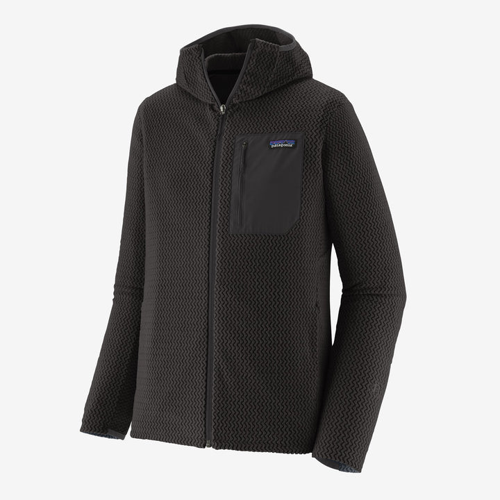 Black hooded jacket with a brand logo on a white background