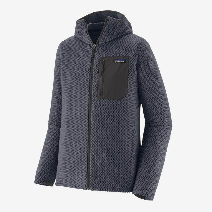 Black hooded fleece jacket with patagonia logo on white background.