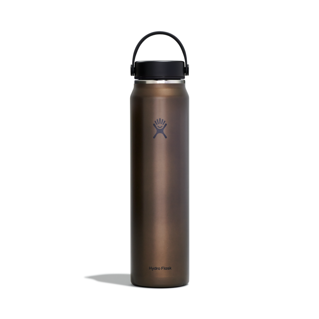 Metallic brown steel water bottle with a black pivoting handle and the Hydro Flask logo