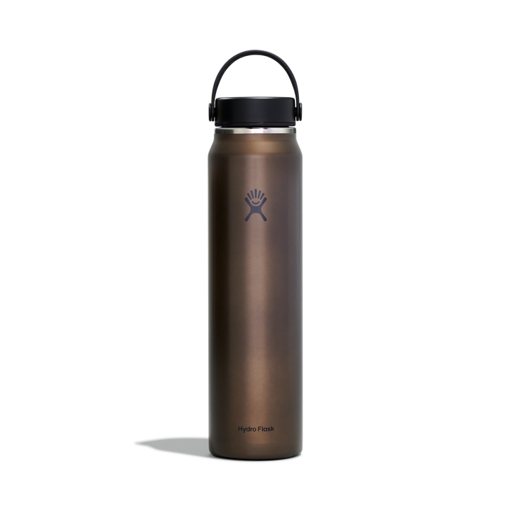 Metallic brown steel water bottle with a black pivoting handle and the Hydro Flask logo