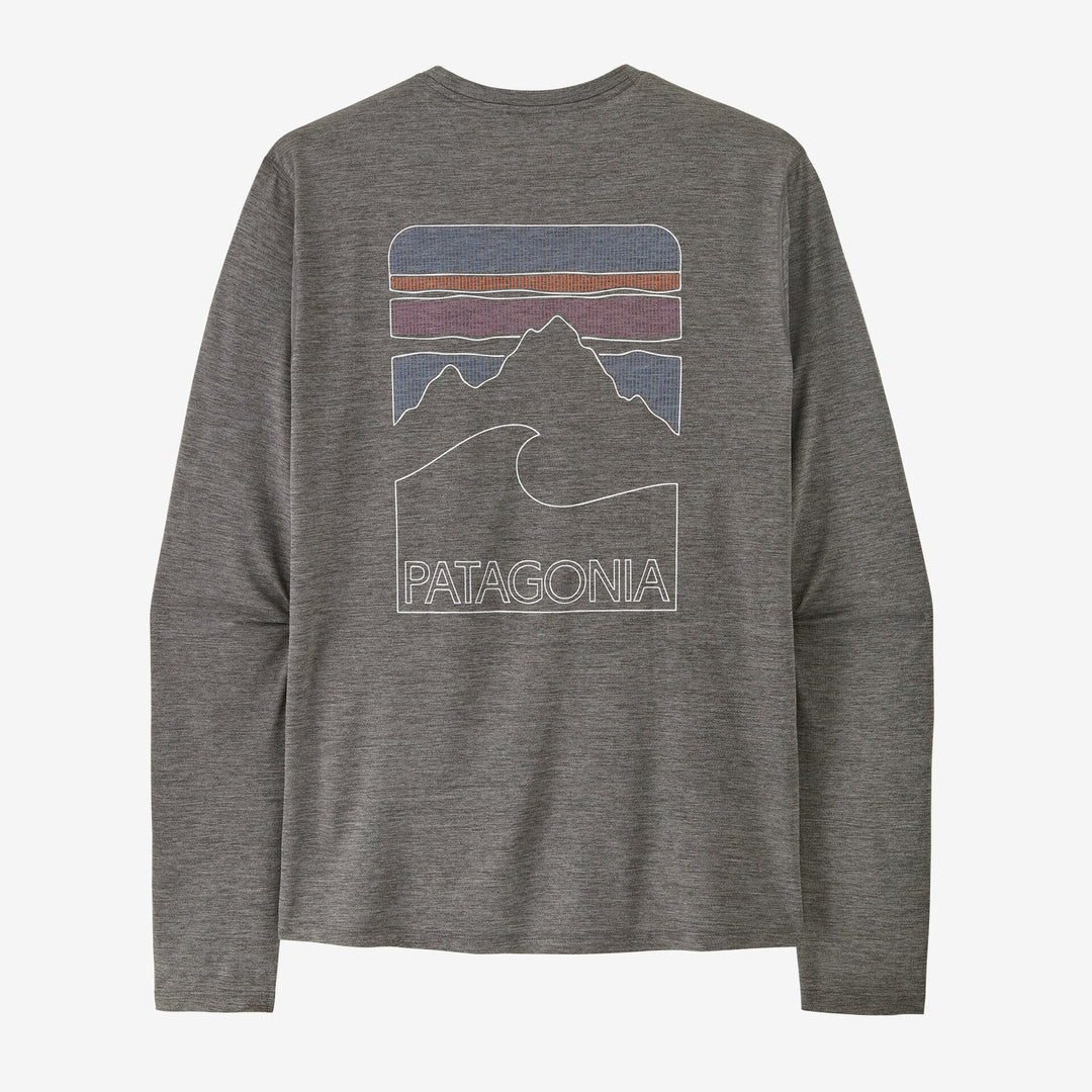 Grey long-sleeve shirt with mountain and wave design and Patagonia logo on a white background