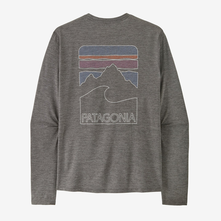 Grey long-sleeve shirt with mountain and wave design and Patagonia logo on a white background