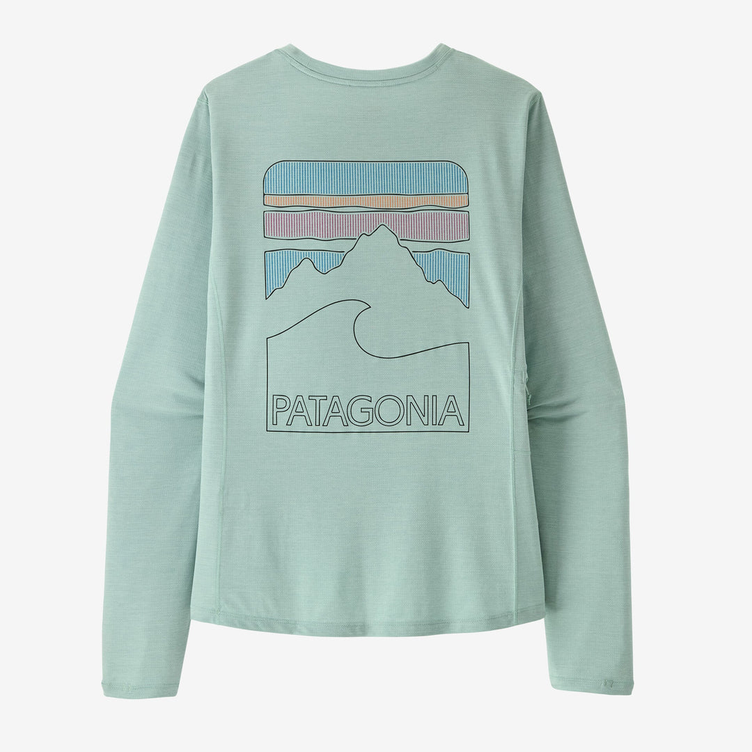 Light blue Patagonia long-sleeve shirt with mountain graphic on a white background