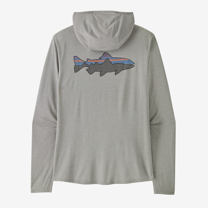 Gray hoodie with a fish graphic on the back against a white background