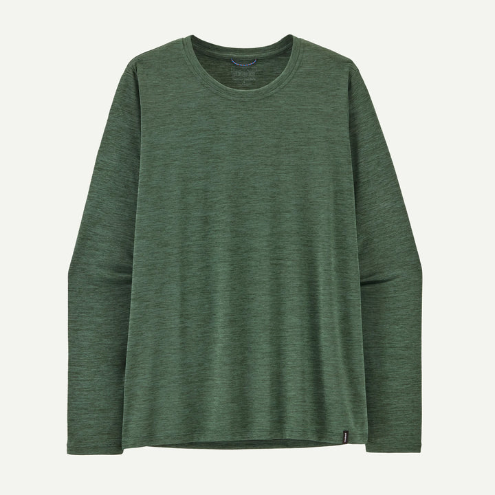 A long-sleeve crewneck shirt in a heathered forest green color, displayed flat against a light off-white background.