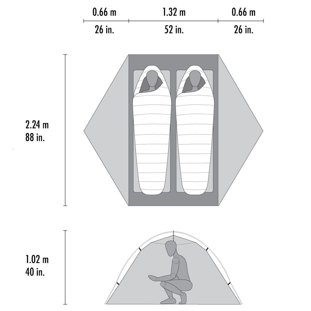 Measurement chart of a hexagonal tent with dimensions labeled.