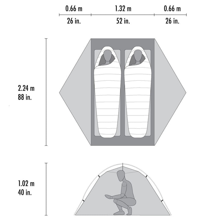Measurement chart of a hexagonal tent with dimensions labeled.