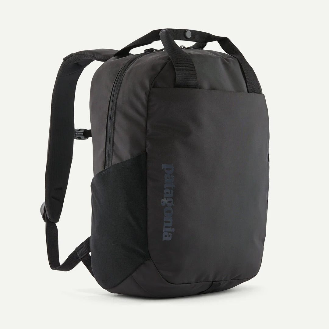 Black backpack with Patagonia logo on a light gray background