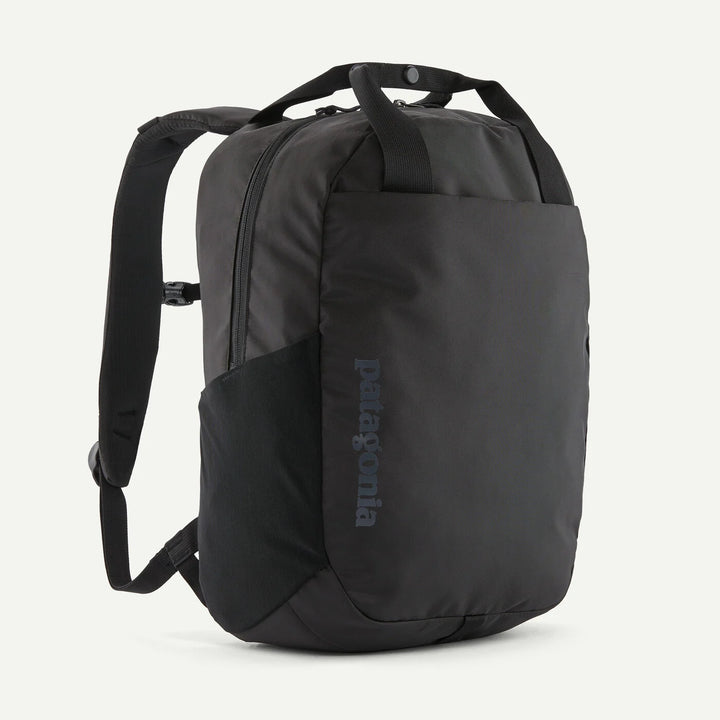 Black backpack with Patagonia logo on a light gray background