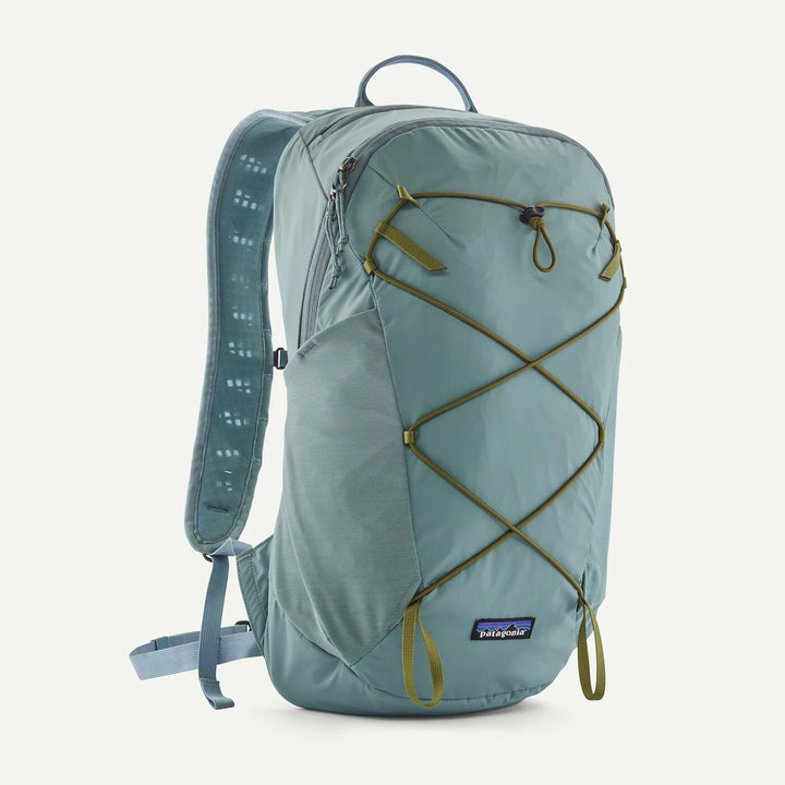 Light blue backpack with Patagonia logo on a white background
