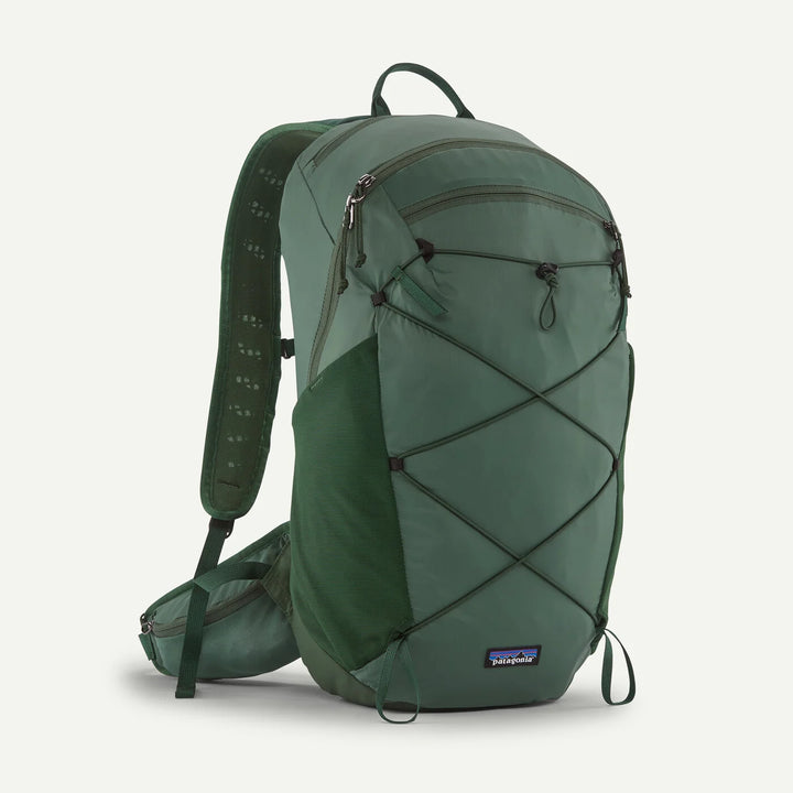 A green Patagonia backpack shown from a three-quarter angle against a light gray background. The backpack features a dark green lower section, a lighter sage green upper body, black compression straps, and the Patagonia logo patch near the bottom.