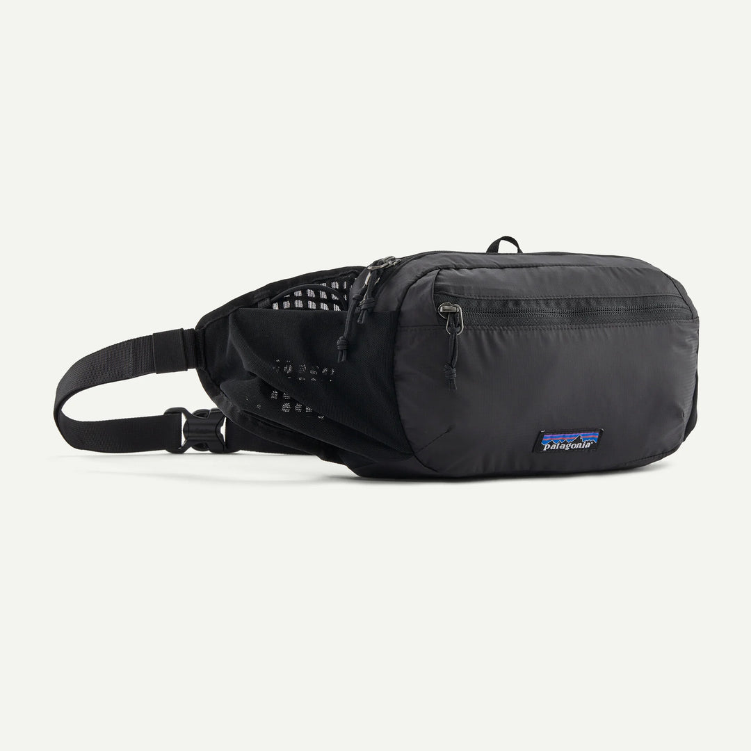 Black waist bag with Patagonia logo on a white background