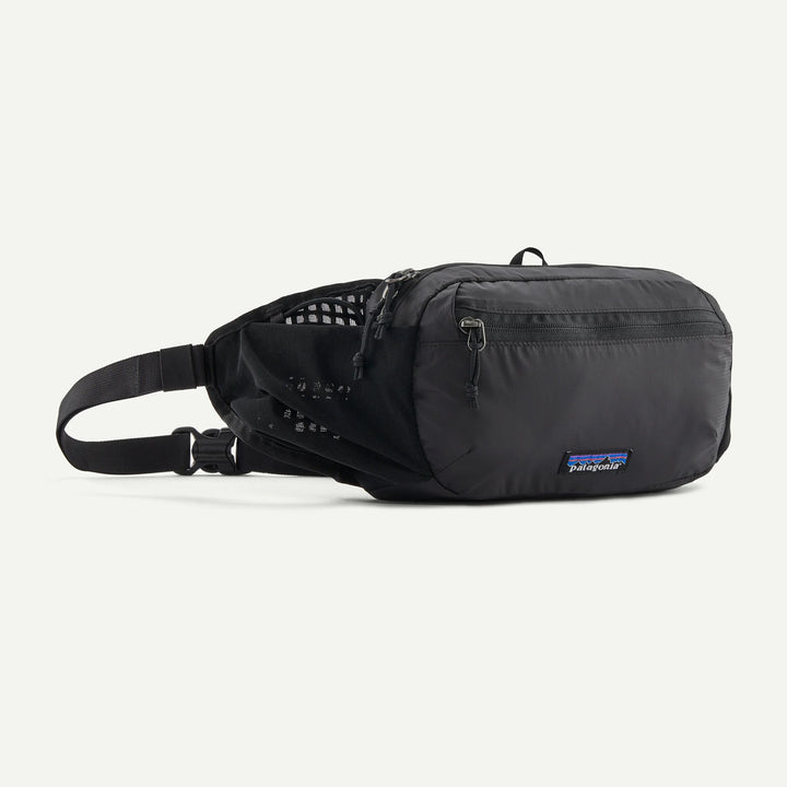 Black waist bag with Patagonia logo on a white background