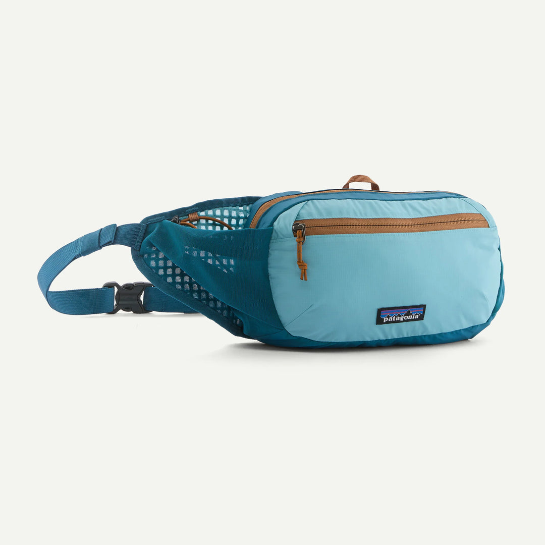 A light blue and teal Patagonia hip pack with brown zipper pulls, shown on a clean off-white background.