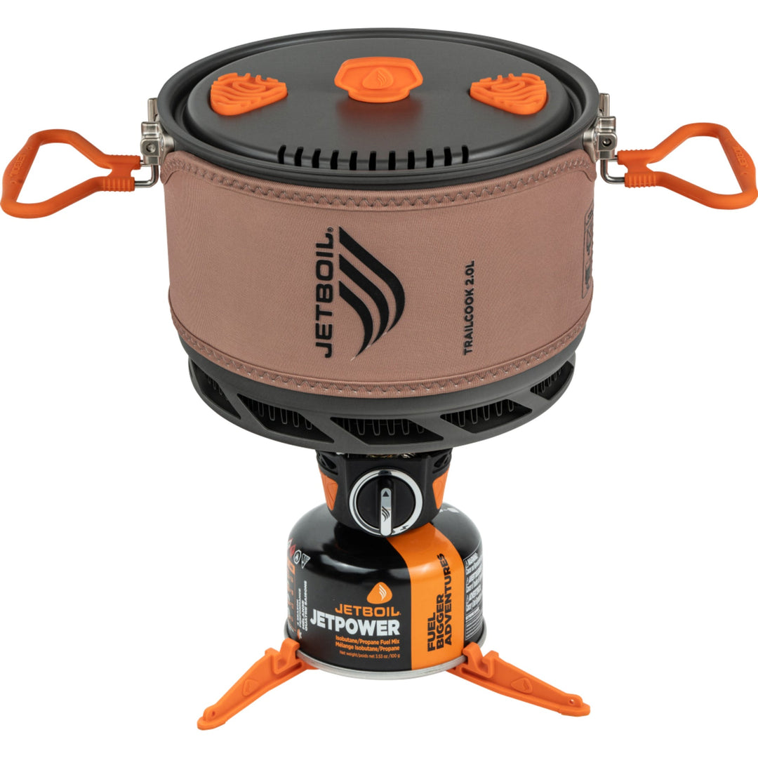 Jetboil cooking system with fuel canister on a white background