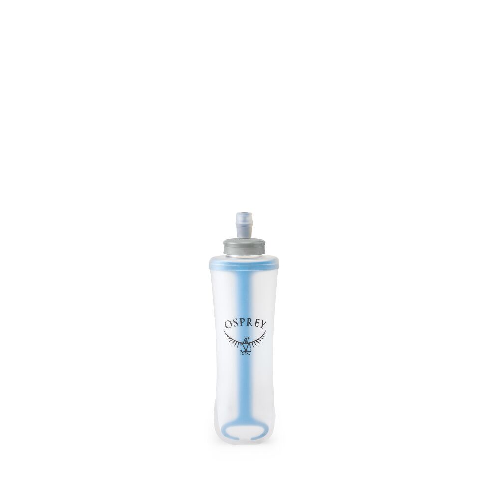 Soft flask water bottle with blue plastic piece behind transparent bottle. Osprey logo in the middle of bottle on a white background. 